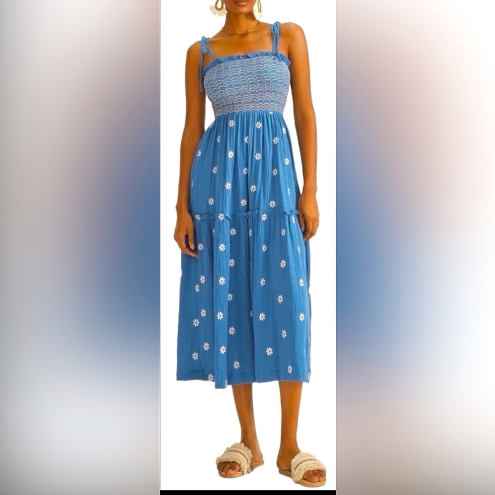 Boho Midi Dress Embroidered Daisies Smocked Bodice Ruffles Tie Strap Blue Size L